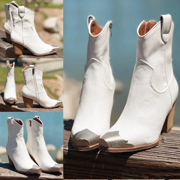 NEW White PU Leather Metal Cap Toe Block Heel Cowgirl Cowboy Western Ankle Boots - Picture 15 of 16